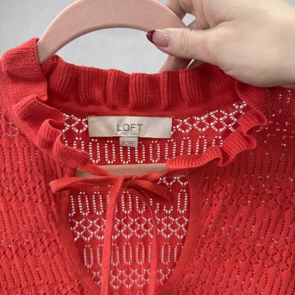 LOFT Sweater Womens Medium Red V Neck Ruffle Short Sleeve Open Knit Pullover - Picture 2 of 8